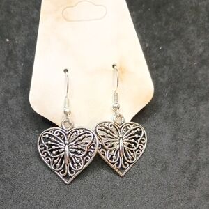 Silver Heart Butterfly Dangling Earrings